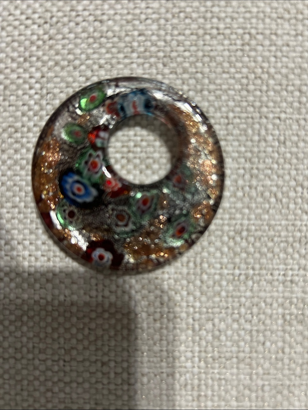 Vintage Round Murano-style Millefiori Glass Donut Pendant in Gold and Multicolor